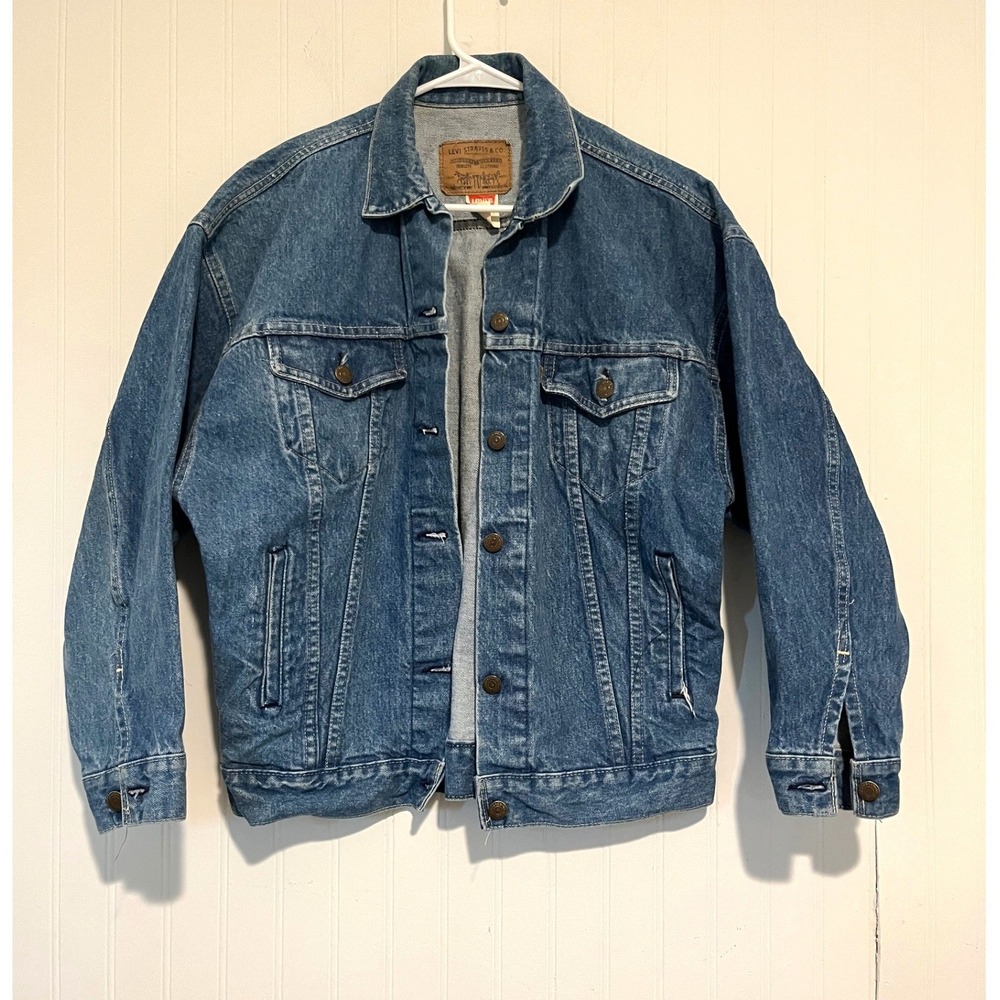Vintage Levi's Denim Trucker Jean Jacket Womens S Blue Orange Tab USA Made